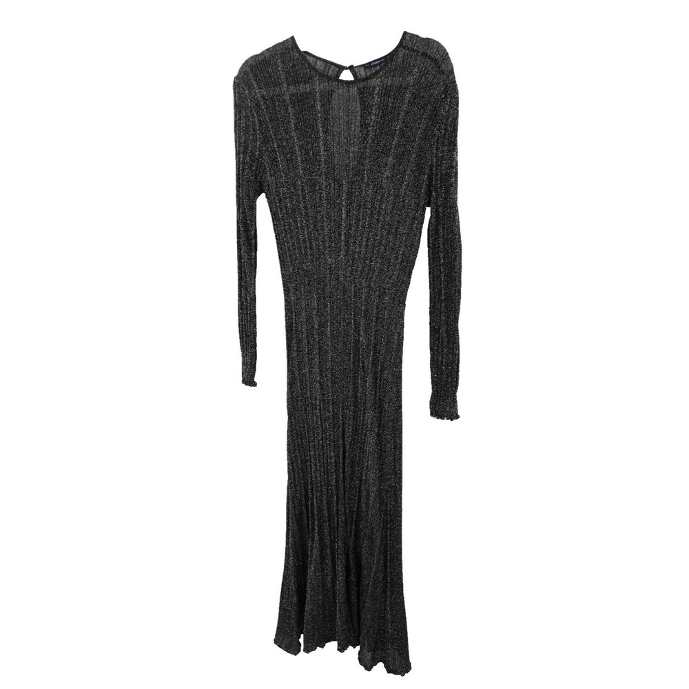 Zara Knit Metallic Silver Black Long Sleeve Ribbed Keyhole Midi Maxi Dress Sz L